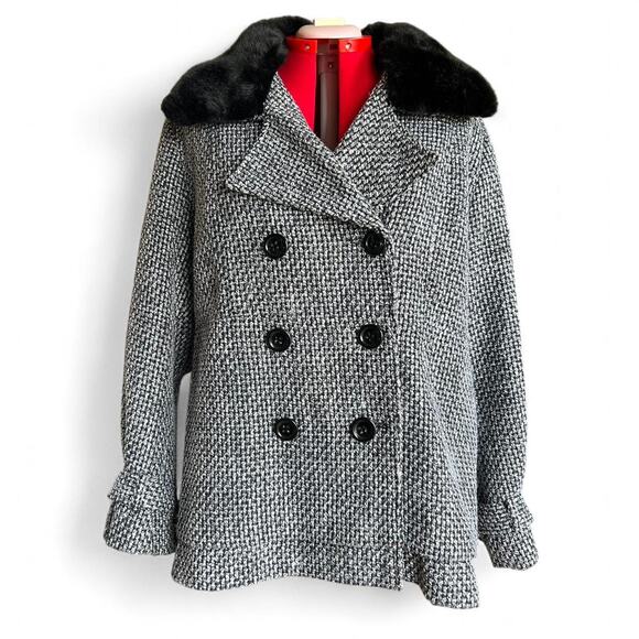 Grey & Black Tweed Peacoat Coat With Removable Faux Fur Collar - Picture 1 of 8